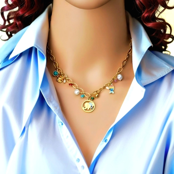 🆕18K Gold Plated Colorful Elephant Turquoise Fish Pearl Charm Necklace + Gift🎁 - Picture 9 of 15